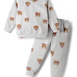 Tiara Fleece Knit Full Sleeves Teddy Bear Face Printed Winter Sweatshirt With Coordinating Joggers Set - Grey-picture-17