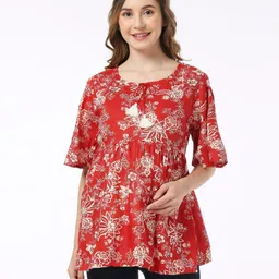 Bella Mama Viscose Woven Flutter Sleeves Maternity Top with Pocket Floral Print- Red image 3