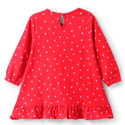 Babyhug Cotton Knit Full Sleeves Nighty with Frill Polka Dot & Lovely Girl Text Print - Red image 2