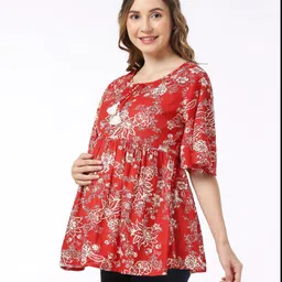 Bella Mama Viscose Woven Flutter Sleeves Maternity Top with Pocket Floral Print- Red image 4