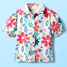 arias by lara dutta Arias Cotton Woven Half Balloon Sleeves Top with Floral Print - White image 3