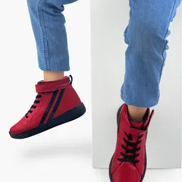 KazarMax Unisex Stripes Ankle Length Velcro Closure Shoes - Red With Black image 5