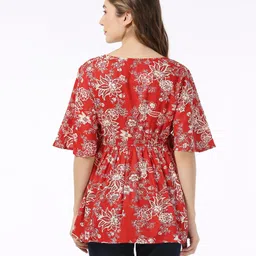 Bella Mama Viscose Woven Flutter Sleeves Maternity Top with Pocket Floral Print- Red image 5