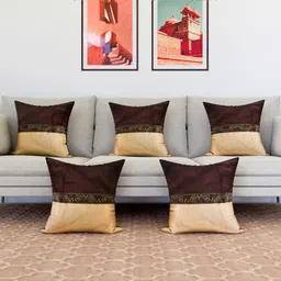 Kuber Industries Cushion Cover  Pillow Covers for Sofa  Throw Cushion Cover  Dupion Polyester Cushion Covers  Center Lace Cushion Covers  Set of 5  16 Inch  Brown image 4