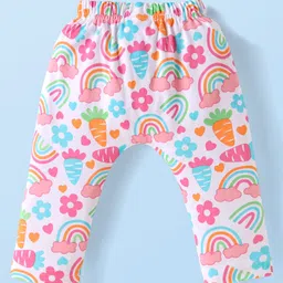 Babyhug Cotton Interlock Knit Full Length Diaper Leggings with Floral & Heart Print Pack of 3 - White Pink & Orange image 5