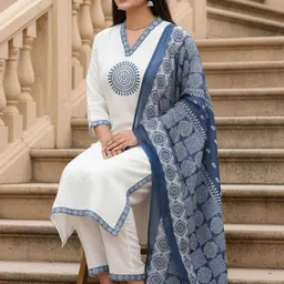 STYLE SAMSARA Women Ethnic Motifs Printed Regular Thread Work Kurta with Trousers & With Dupatta image 4