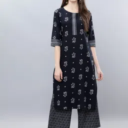 Vishudh Women Navy Blue & Off-White Printed Cotton Kurta with Palazzos image 1