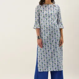 Anouk Women White & Blue Floral Printed Pure Cotton Kurta with Palazzos-image-46