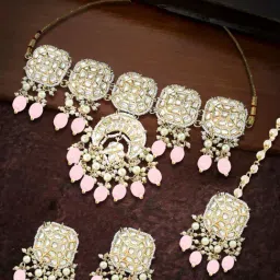 OOMPH Pink Beads & Kundan Ethnic Choker Necklace Set with Earring & Maangtika-image-42