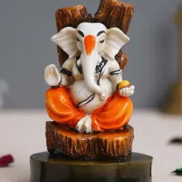 eCraftIndia White & Orange Resin Blessing Lord Ganesha Statue Idol-image-40
