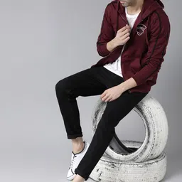 Roadster Men Burgundy Solid Hooded Sweatshirt image 2