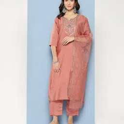 Aarika Floral Embroidered Regular Pure Cotton Kurta with Trousers & Dupatta-picture-43