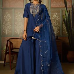 House of Pataudi Floral Embroidered Thread Work Chinon Kurti With Palazzo & Dupatta-picture-47