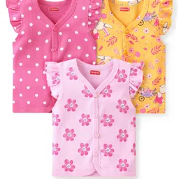 Babyhug 100% Cotton Knit Frill Sleeves Set of Vests Polka Dots & Floral Print Pack of 3 - Multicolour-image-97