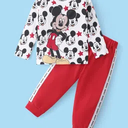 Babyhug Disney Cotton Knit Full Sleeves Night Suit With Mickey Mouse Graphics - White & Red-picture-14
