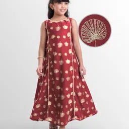 Earthy Touch Woven Sleeveless Ghadwal Foil Printed Ethnic Dress - Maroon-image-7