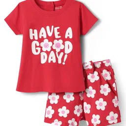 Babyhug Cotton Knit Half Sleeves Shorts Night Suit with Floral Print & Bow Applique - Red-picture-33