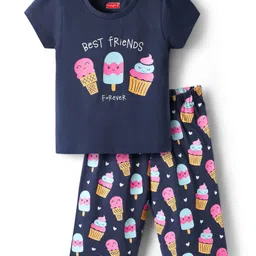 Babyhug Cotton Knit Half Sleeves Capri Night Suit With Ice Cream Print - Navy Blue-picture-32