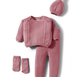Yellow Apple Cotton Knit Full Raglan Sleeves Sweater Set with Cap Booties & Cable Knit Design - Rose Gold-picture-22