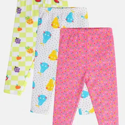 MINI KLUB Cotton Knit Pack Of 3 Fruits & Polka Dots Printed Leggings - Yellow Pink & White-picture-36