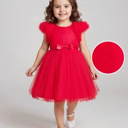 Mark & Mia Woven Frill Sleeves Solid Party Dress With Bow Applique - Red-picture-15