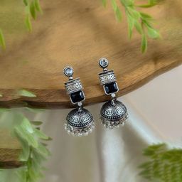 NAMAN ARTS Silver-Plated Artificial Stones Studded and Beaded Dome Shaped Oxidised Jhumkas-picture-0