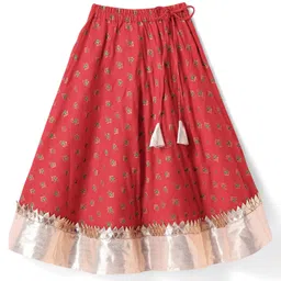Saka Designs Rayon Woven Puffed Sleeves Choli Lehenga Set with Floral Foil Print Lace Detailing & Dupatta- Red and Golden image 4