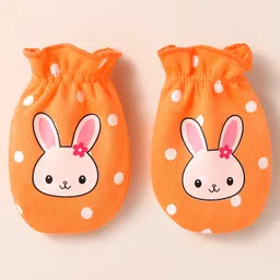 Babyhug Interlock Knit Cap Mittens & Booties With Bunny & Polka Dot Print - Orange image 4
