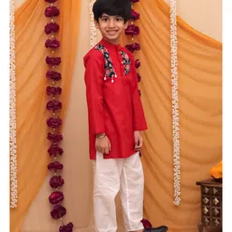 AJ Dezines Cotton Woven Navratri Theme Full Sleeves Floral Printed Kurta Pyjama Set - Red image 5