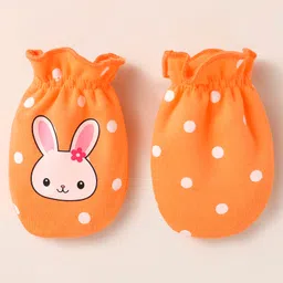 Babyhug Interlock Knit Cap Mittens & Booties With Bunny & Polka Dot Print - Orange image 5