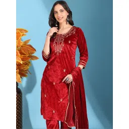 WOMENSIO Women Ethnic Motifs Embroidered Regular Thread Work Velvet Kurta with Trousers & With Dupatta-picture-10