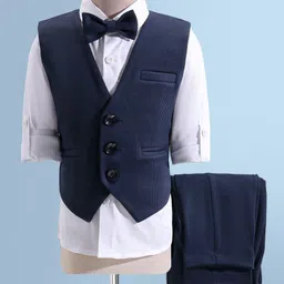 Robo Fry Cotton Woven Full Sleeves 3 Piece  Solid Colour Party Suit with Bow - Blue-picture-31
