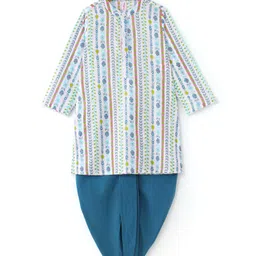 Babyhug 100% Cotton Woven Full Sleeves Kurta & Dhoti Set With Floral Print - White & Blue-picture-10
