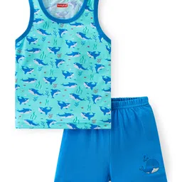 Babyhug 100% Cotton Single Jersey Sleeveless Sando Shorts Set Whale Print - Blue-picture-33