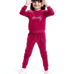 Babyhug Velour Woven Full Sleeves Winter Wear Set With Text Embroidery - Dark Pink-picture-38