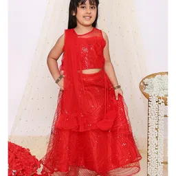 KID1 Sleeveless Sequin Embellished Net Coordinating Lehenga Choli With Dupatta - Red-picture-12