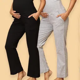 The Mom Store Cotton Pack Of 2 Solid Maternity Track Pants - Black & Grey-picture-16