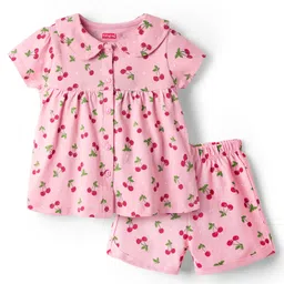 Babyhug Cotton Knit Half Sleeves Co-ords Shorts Night Suit With Tropical Theme Print - Pink-picture-31