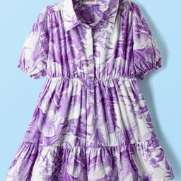 kookie kids india Kookie Kids Cambric Woven Half Sleeves Collared Printed Frock - Purple & White-picture-12