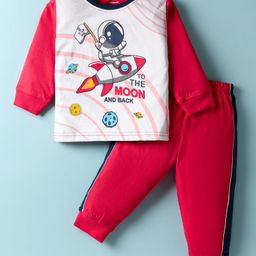 CUCUMBER Sinker Knit Full Sleeves T-Shirt & Lounge Pant Set with Space Theme Print - Red-picture-12