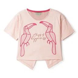 Tales & Stories Cotton Knit Half Sleeves Chirps Of Happiness Text Printed Back Cut Detailed Top - Baby Pink-picture-20