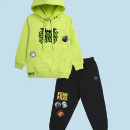 Kiddopanti Fleece Knit Halloween Theme Full Sleeves Fear Files Text Printed Hooded Light Winter Sweatshirt & Track Pants Set - Neon Green & Black image 1