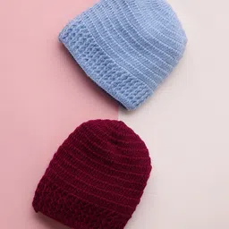 MayRa Knits Hand Knitted Woven Pack Of 2 Baby Animals Face Designed Crochet Caps - Blue & Magenta - Circumference 32 Cm image 2