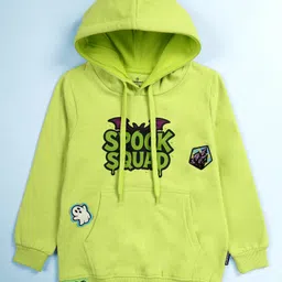 Kiddopanti Fleece Knit Halloween Theme Full Sleeves Fear Files Text Printed Hooded Light Winter Sweatshirt & Track Pants Set - Neon Green & Black image 3