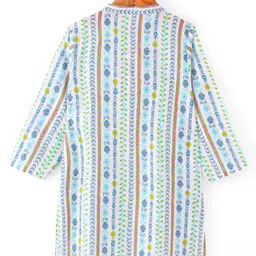 Babyhug 100% Cotton Woven Full Sleeves Kurta & Dhoti Set With Floral Print - White & Blue image 3