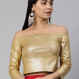 Global Desi Women Beige & Gold-Toned Printed Cropped Bardot Top-picture-33