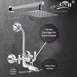 Gold Bell Prime Brass 3 In 1 Wall Mixer Set with 203X203 mm(8X8 Inch) SS Ultra Overhead 381 mm(15 Inch) SS Arm Hand Shower, 3-1-Siya-Soft-8U-15A-CP image 4