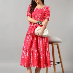 Raiyani Enterprise Women Tie and Dye Dyed Puff Sleeve Crepe Fit & Flare Midi Dress-picture-25