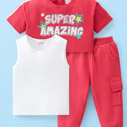Babyhug Cotton Knit Half Sleeves Text Printed Crop Top With Inner Tee & Lounge Pants - Red-image-68