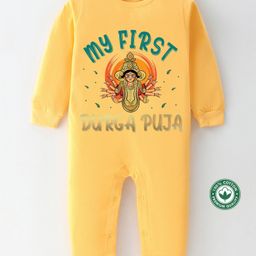 BLUSHES Durga Puja Theme 100% Cotton Full Sleeves My First Durga Puja Text Printed Romper - Yellow-picture-27